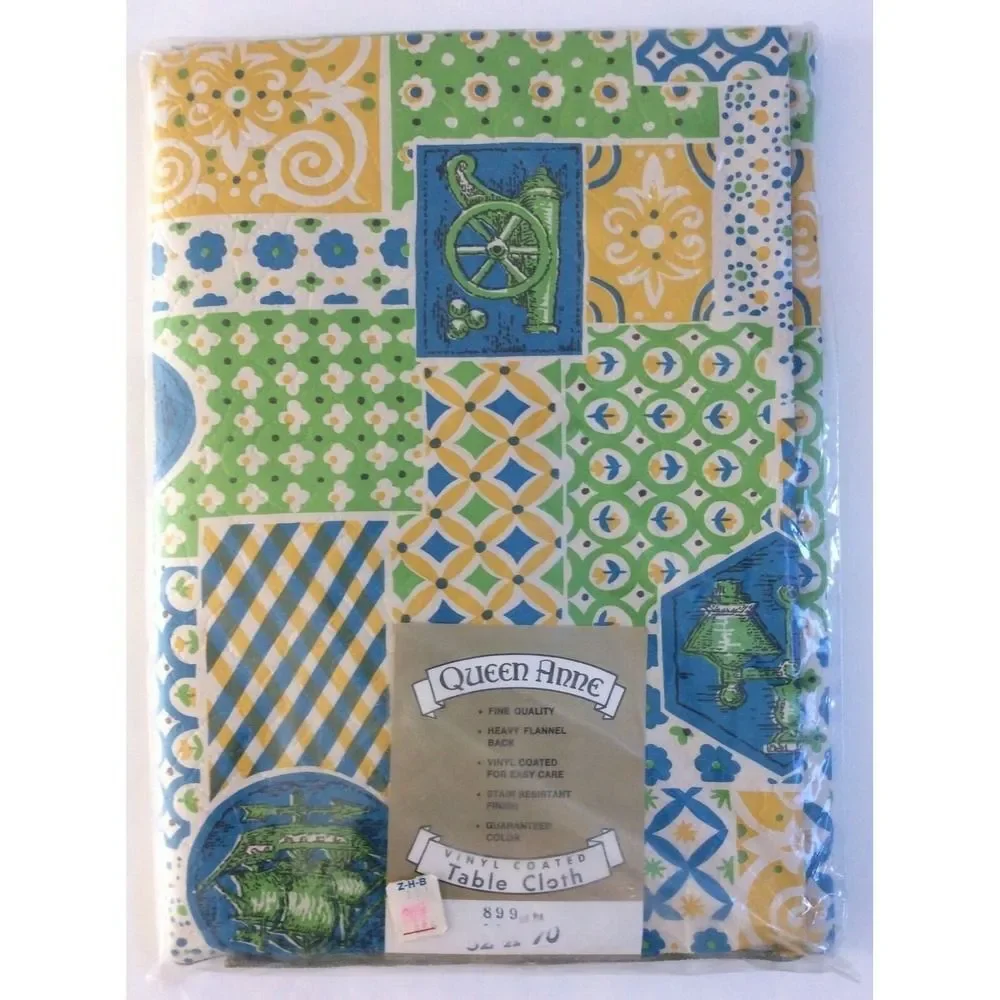 Vintage Queen Anne Heavy Flannel Back Vinyl Coated Tablecloth w/Boat Clock Print